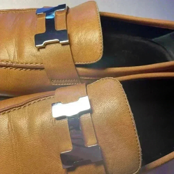HERMES Paris Loafer 37 7 H Logo Silver Buckle Mules Natural Tan Black Sole - Picture 11 of 12